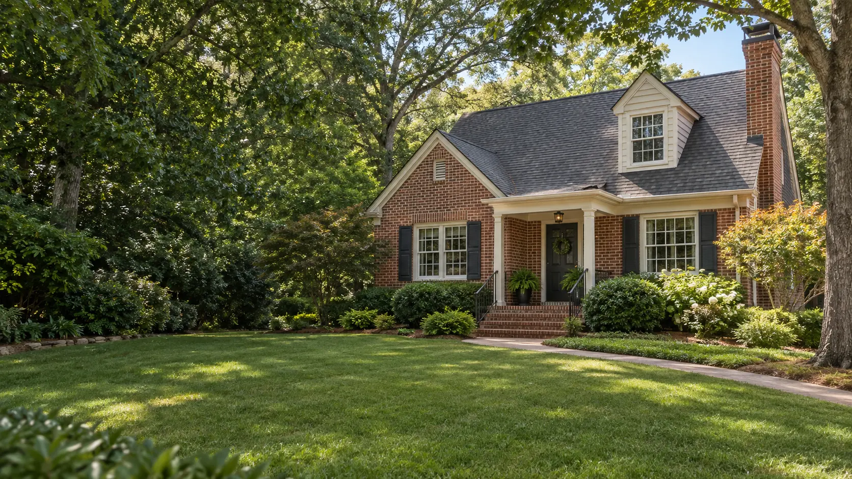 Illustrative Birmingham-area brick home under mature leafy trees